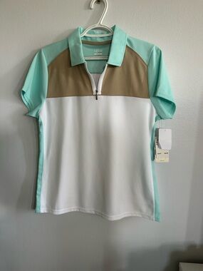 Izod Women's Mint, White & Tan Colorblock Quarter-Zip Polo